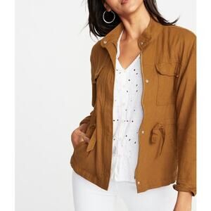Old Navy Mustard Yellow Linen Blend Utility Jacket Womens XS Full Zip Drawstring